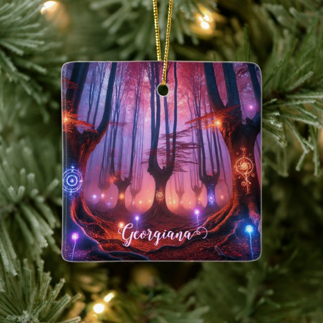 Custom Name Autumnal Enchanted Whimsigoth Forest Ceramic Ornament (Tree)