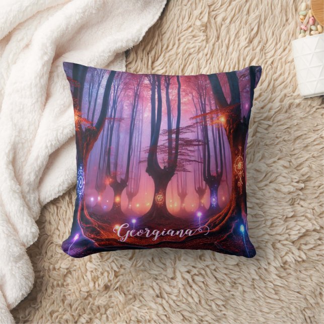 Custom Name Autumnal Enchanted Whimsigoth Forest Throw Pillow (Blanket)