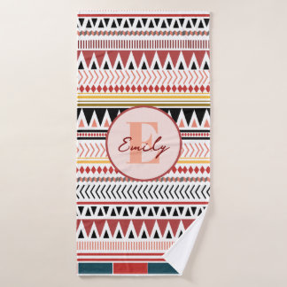 Custom Name Aztec Elegance Warm Red Ethnic Pattern Bath Towel
