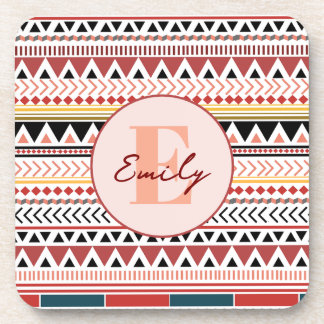 Custom Name Aztec Elegance Warm Red Ethnic Pattern Beverage Coaster