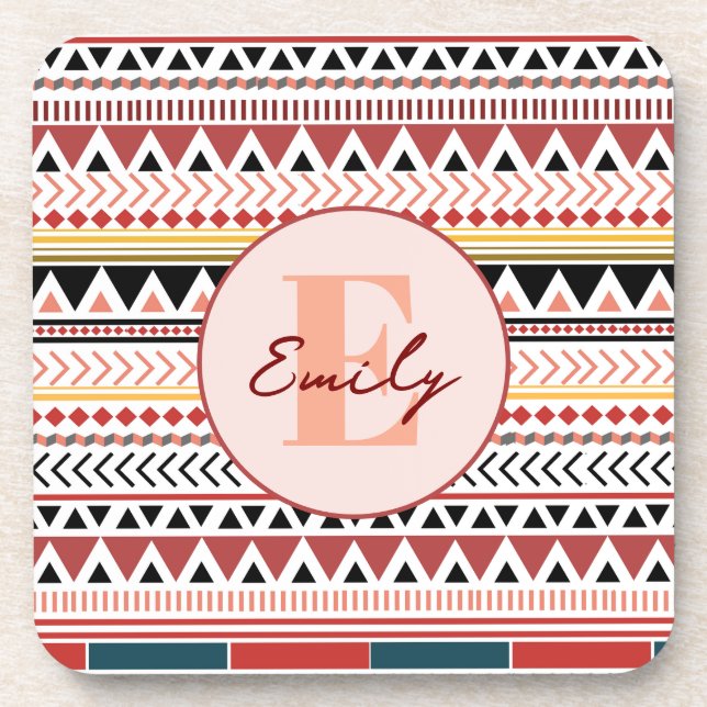 Custom Name Aztec Elegance Warm Red Ethnic Pattern Beverage Coaster (Front)