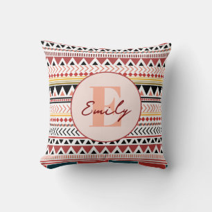 Custom Name Aztec Elegance Warm Red Ethnic Pattern Throw Pillow