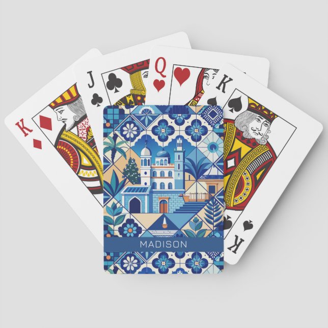 Custom Name Azulejo Tiles Pattern Poker Cards (Back)