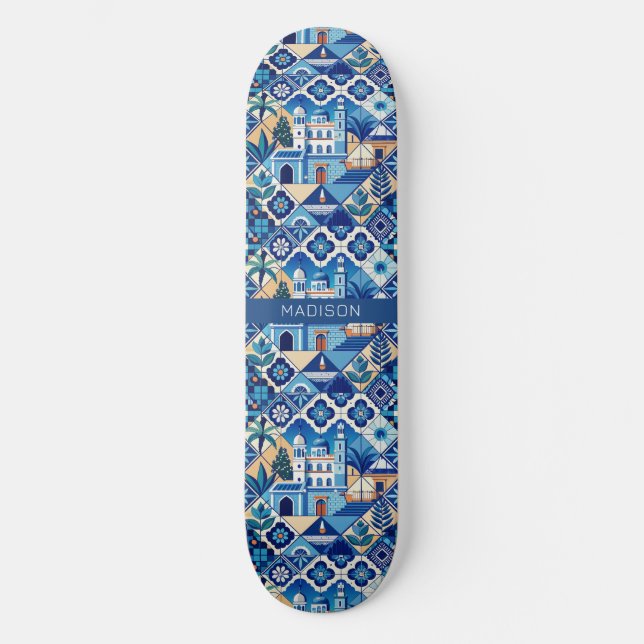 Custom Name Azulejo Tiles Pattern Skateboard (Front)
