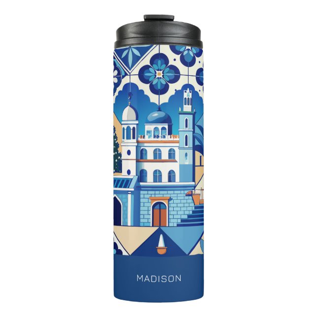 Custom Name Azulejo Tiles Pattern Thermal Tumbler (Front)
