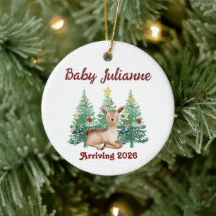 Custom Name Baby Announcement Deer Christmas Ceramic Ornament