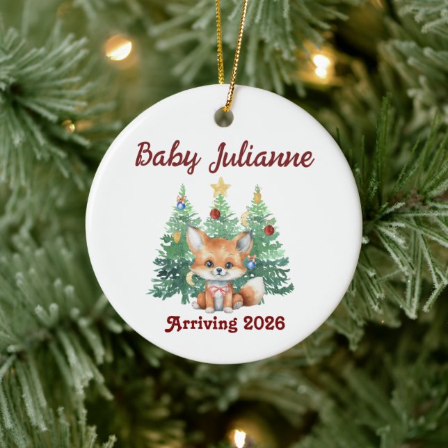 Custom Name Baby Announcement Fox Christmas Ceramic Ornament (Tree)