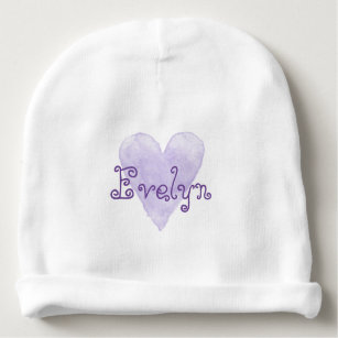 Custom name baby beanie hat with cute purple heart
