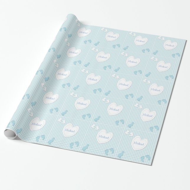 Custom Name Baby Boy Heart Gingham Paper (Unrolled)