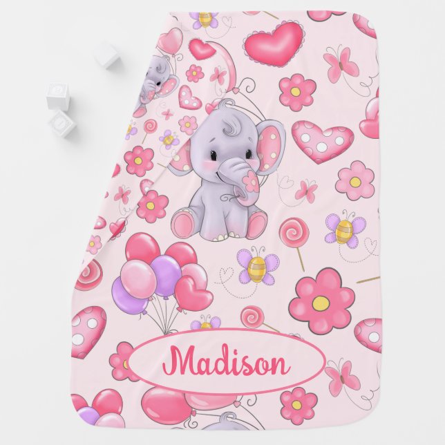 Custom Name Baby Girl Blanket Pink Cute Elephant  (In Situ)