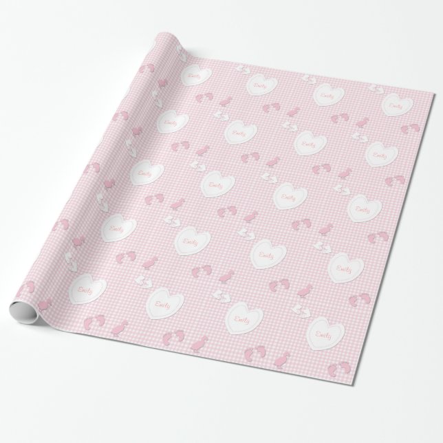 Custom Name Baby Girl Heart Gingham Paper (Unrolled)