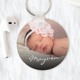Custom Name Baby Photo Glamorous Script Keychain