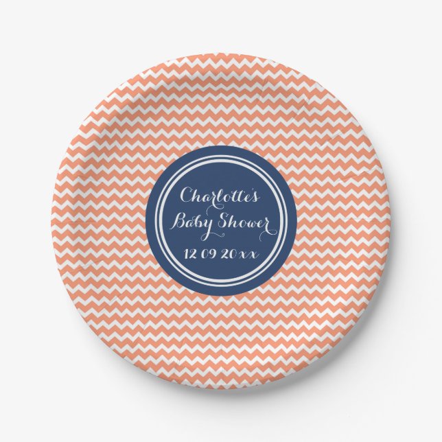 Custom Name Baby Shower Plates Coral Blue Chevron (Front)