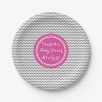 Custom Name Baby Shower Plates Grey Pink Chevron