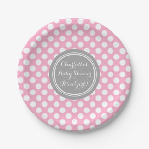 Custom Name Baby Shower Plates Grey Pink Dots