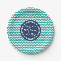 Custom Name Baby Shower Plates Teal Blue Chevron