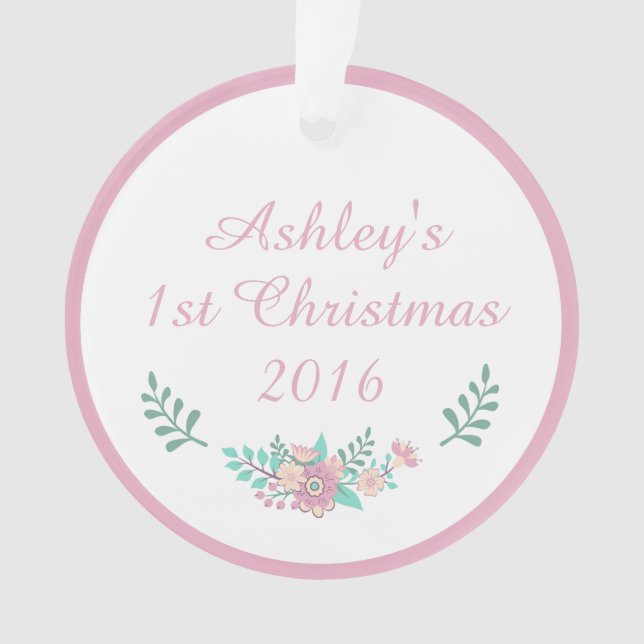Custom Name Baby's 1st Christmas Floral Ornament (Front)