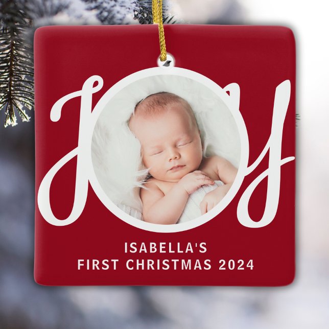 Custom Name Baby's First Christmas Photo Red  Ceramic Ornament (Creator Uploaded)