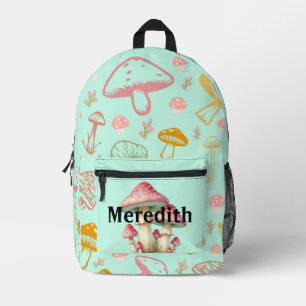 Custom Name Backpack Teal Mushroom Pattern School