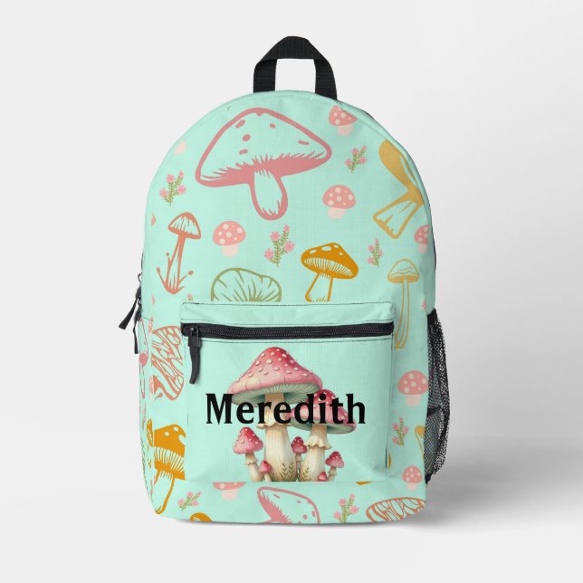 Custom Name Backpack Teal Mushroom Pattern School (Front)