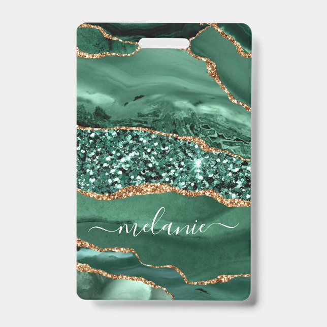 Custom Name Badge Agate Green Gold Glitter Marble (Front)