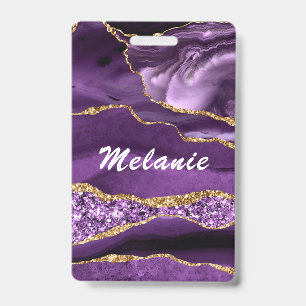 Custom Name Badge Agate Purple Violet Gold Glitter