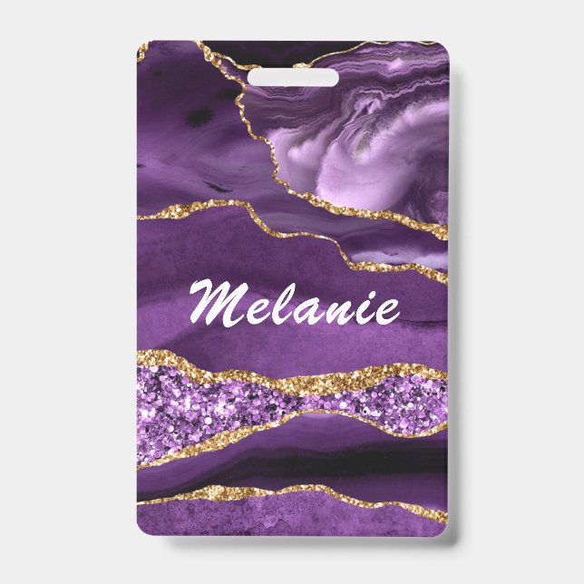 Custom Name Badge Agate Purple Violet Gold Glitter (Front)