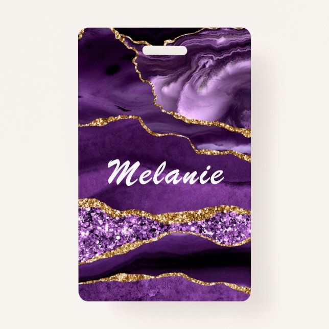 Custom Name Badge Agate Purple Violet Gold Glitter (Back)