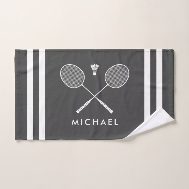 Custom Name Badminton Dark Grey Stripes Hand Towel (Hand Towel)