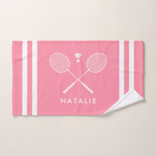 Custom Name Badminton Pink Stripes Hand Towel