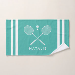 Custom Name Badminton Turquoise Blue Stripes Hand Towel
