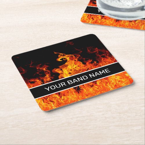 Custom Name Band Merch Flames Rock  Roll Music Square Paper Coaster