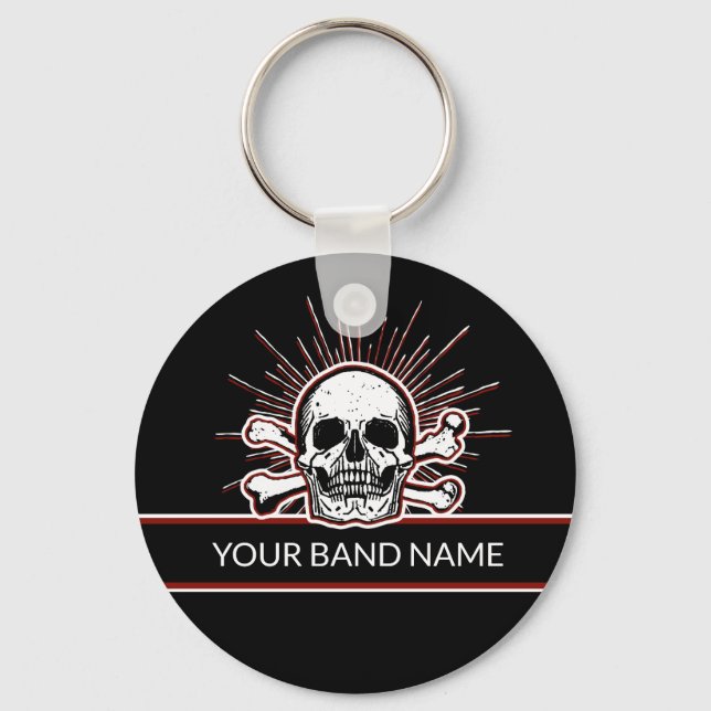 Custom Name Band Skull Bones Rock & Roll Punk Keychain (Front)