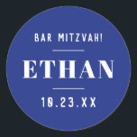 Custom Name Bar or Bat Mitzvah Modern Classic Blue Classic Round Sticker<br><div class="desc">Modern blue and white Bar Mitzvah, Bat Mitzvah, or Birthday sticker and favor label can be personalized with your name and date or any wording of your choice. * * * CLICK CUSTOMIZE to change the font, text placement, text and background colors. * * * Try the "Transfer this Design"...</div>