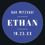 Custom Name Bar or Bat Mitzvah Modern Classic Blue Round Sticker<br><div class="desc">Modern blue and white Bar Mitzvah, Bat Mitzvah, or Birthday sticker and favor label can be personalized with your name and date or any wording of your choice. * * * CLICK CUSTOMIZE to change the font, text placement, text and background colors. * * * Try the "Transfer this Design"...</div>