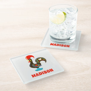 Custom Name Barcelos Portuguese Rooster Black Glass Coaster