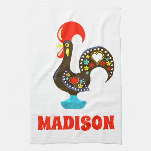 Custom Name Barcelos Portuguese Rooster Black Kitchen Towel