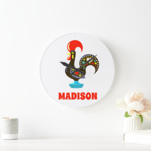 Custom Name Barcelos Portuguese Rooster Black Large Clock