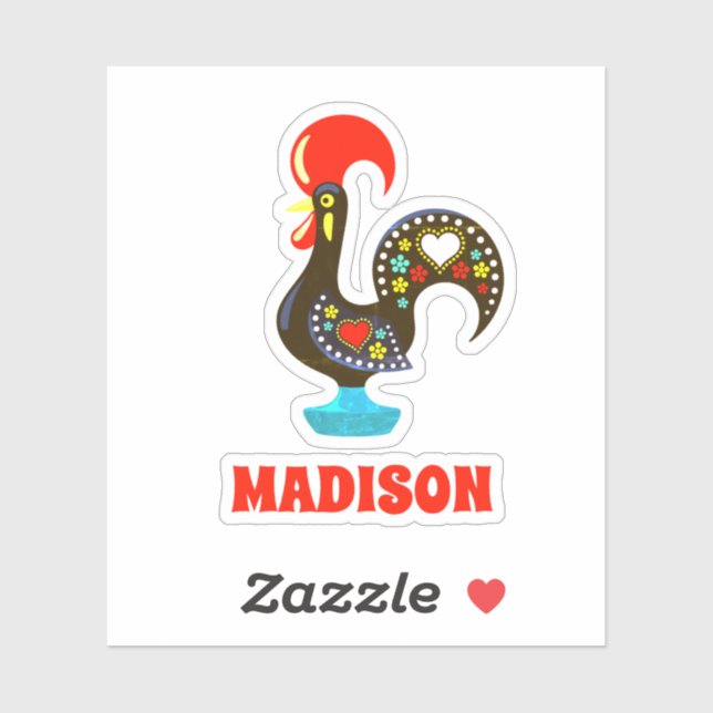 Custom Name Barcelos Portuguese Rooster Black Sticker (Sheet)