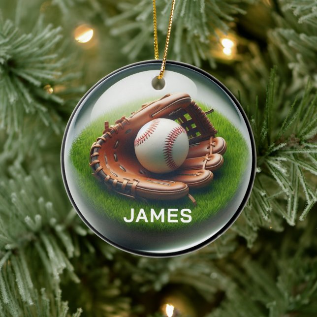 Custom Name Baseball Faux Glass‑Orb Look Ceramic Ornament (Tree)