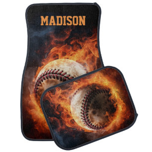 Custom Name Baseball on Fire Car Floor Mat
