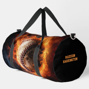 Custom Name Baseball on Fire Duffle Bag