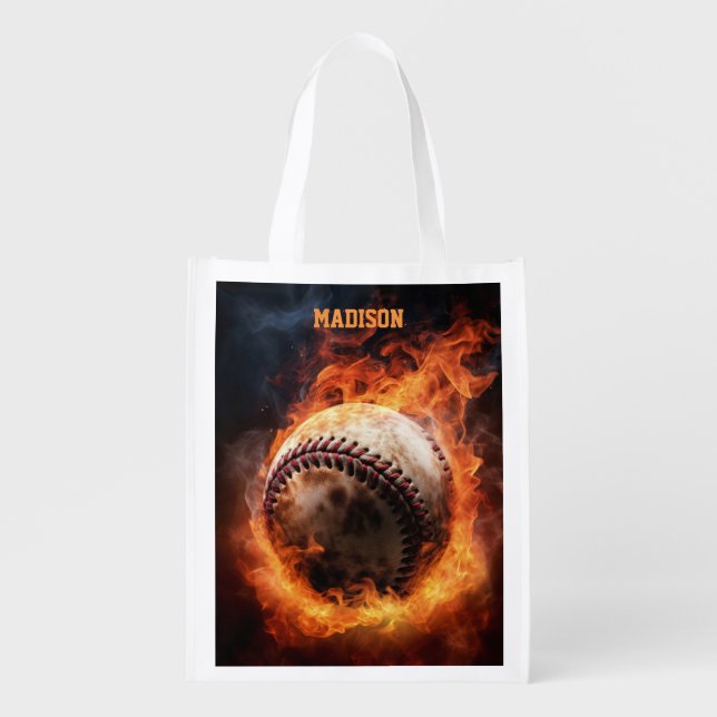 Custom Name Baseball on Fire Grocery Bag (Front)