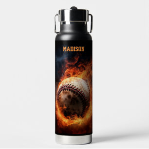 Custom Name Baseball on Fire Water Bottle