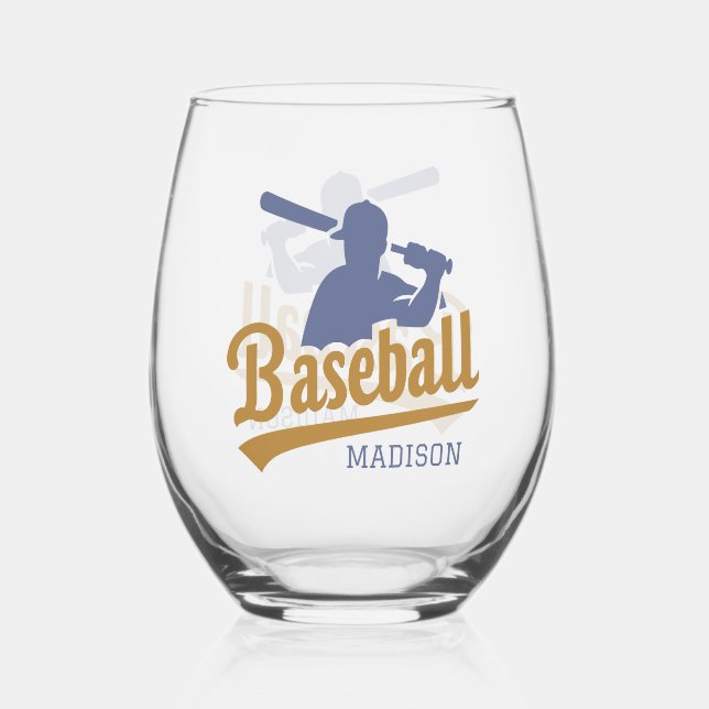 Custom Name Baseball Player Stemless Wine Glass (Front)
