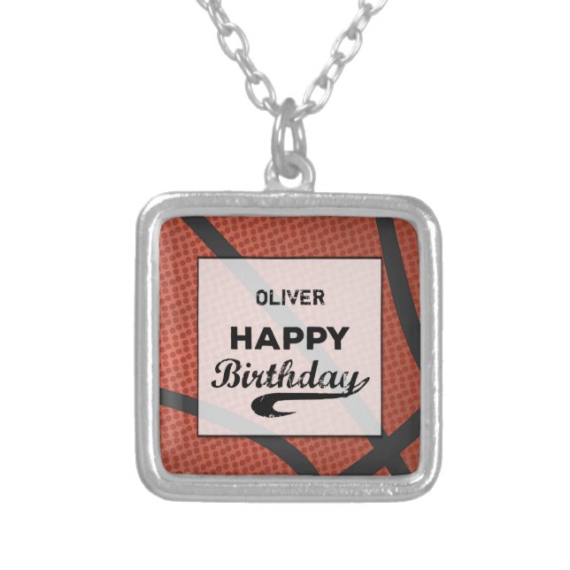 Custom Name Basketball Birthday Large Grunge Ball Silver Plated Necklace (Front)