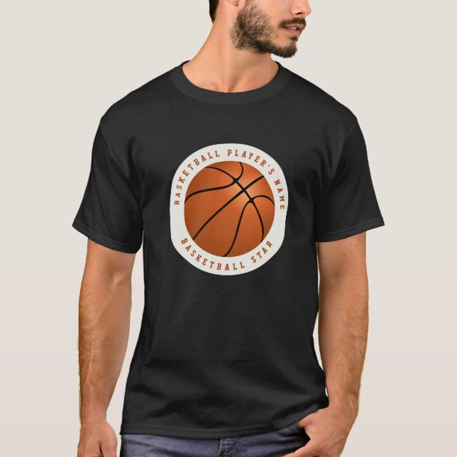 Custom Name Basketball Black and White Orange T-Shirt (Front)