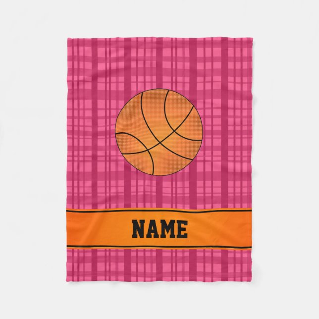 Custom name basketball pink plaid fleece blanket (Front)