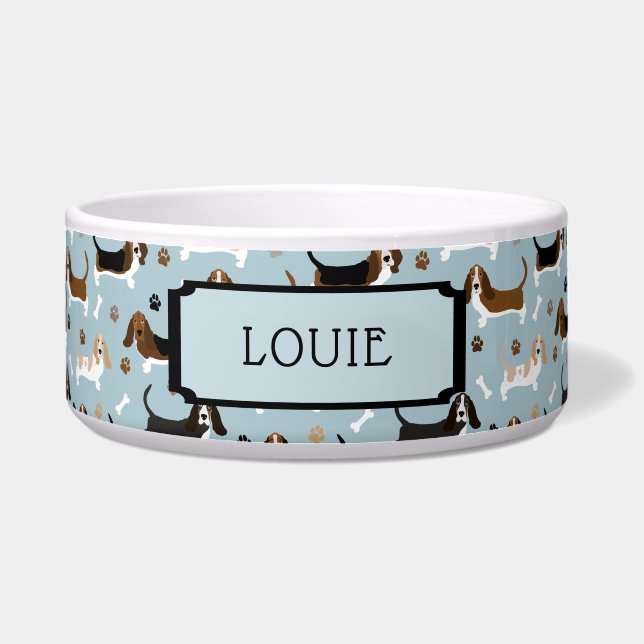 Custom Name Basset Hound Dog Bones and Paws Bowl (Front)