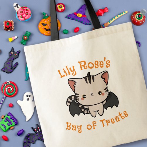 Custom Name Bat Cat Halloween Trick or Treat Tote Bag